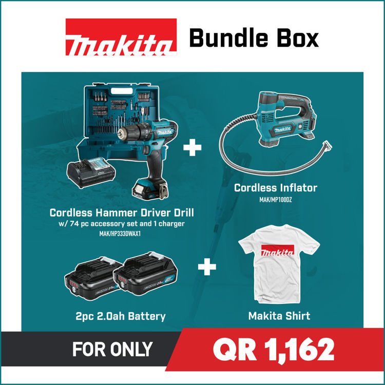 Picture of Deal2202 – Cordless Hammer Drill +Cordless Air Inflator + 2 Battery + 1 Charger + Makita T Shirt + 74 piece accessory set.